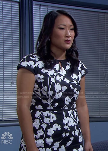 Melinda’s black floral keyhole dress on Days of our Lives
