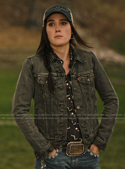 Mia’s black skull print shirt and denim jacket on Yellowstone