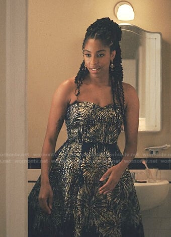 Mia’s metallic strapless gown on Love Life