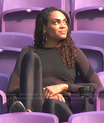 Michelle’s black long sleeve mesh top and leggings on The Bachelorette