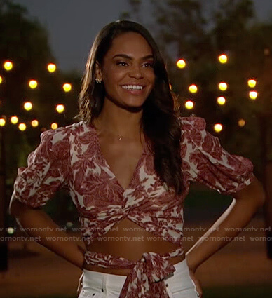Michelle’s floral cropped top and white shorts on The Bachelorette