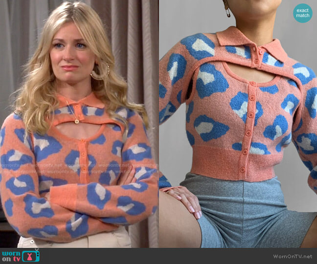 MiGiNi Mohair Vestigan Leopard Peach Top worn by Gemma (Beth Behrs) on The Neighborhood