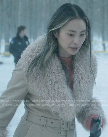 Molly’s beige leather fur trim jacket and boots on Dexter New Blood