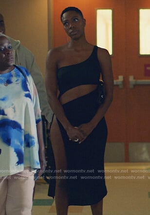Molly’s black one shoulder cutout dress on Insecure