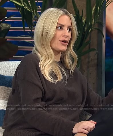 Morgan’s brown drop shoulder sweater on E! News Daily Pop