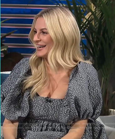 Morgan’s grey polka dot puff sleeve dress on E! News Daily Pop