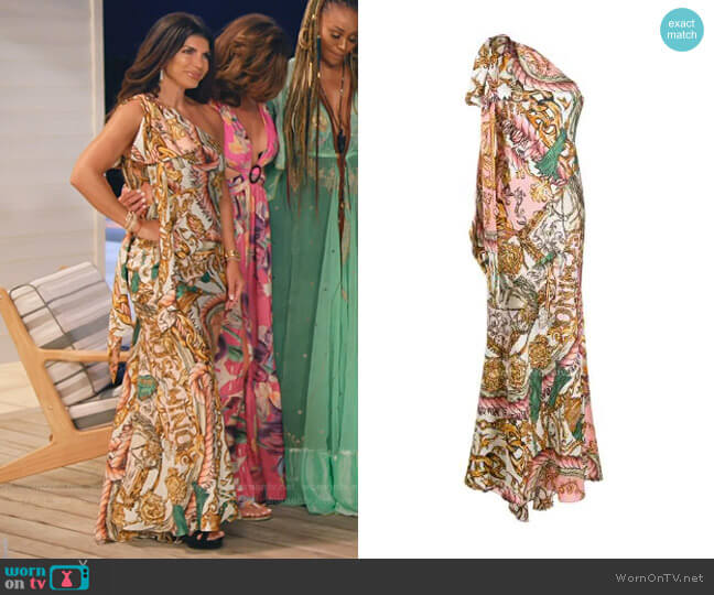 Moschino Baroque-Print One-Shoulder Dress worn by Teresa Giudice on The Real Housewives Ultimate Girls Trip