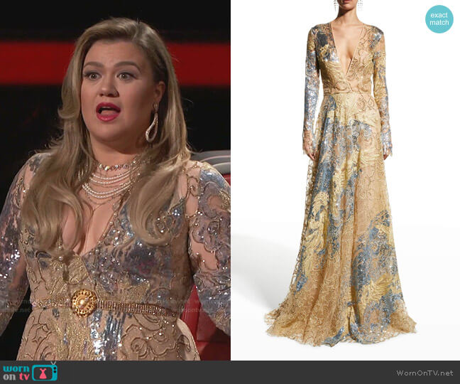 Naeem Khan Sequin Long-Sleeve Lace Gown worn by Kelly Clarkson on The Voice