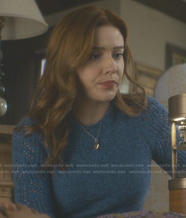 Nancy’s blue pointelle sleeve sweater on Nancy Drew