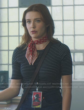 Nancy’s navy striped top and red floral scarf on Nancy Drew