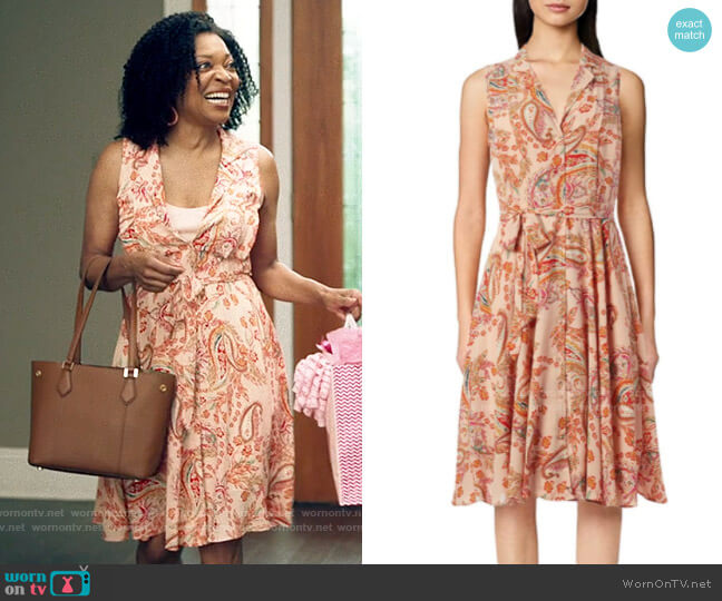 Nanette Lepore A-Line Shirtdress in Peach Print worn by Violet Bordelon (Tina Lifford) on Queen Sugar