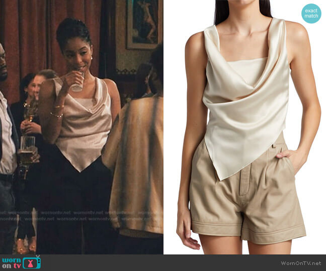 Nanushka Petra Draped Satin Crop Top worn by Mia (Jessica Williams) on Love Life
