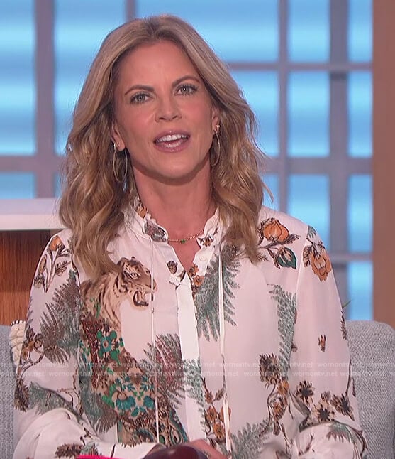 Natalie’s white tiger print blouse on The Talk