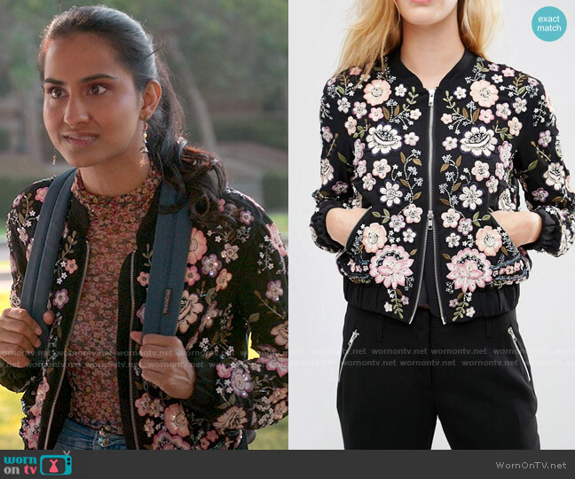 Needle & Thread Embroidery Lace Bomber Jacket worn by Bela Malhotra (Amrit Kaur) on The Sex Lives of College Girls