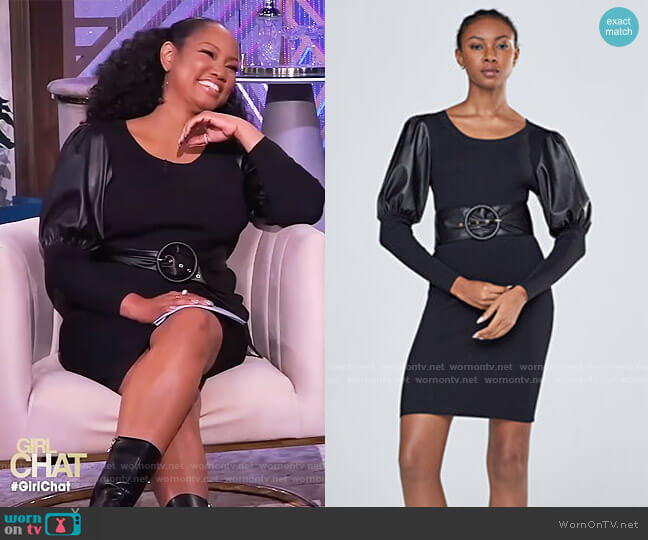 New York & Company Faux Leather Puff Sleeve Sweater Dress worn by Garcelle Beauvais on The Real