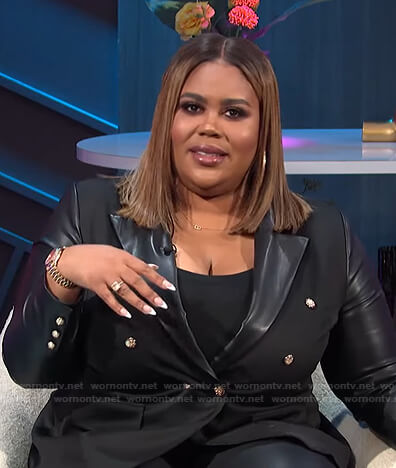 Nina’s black leather blazer on E! News Nightly Pop