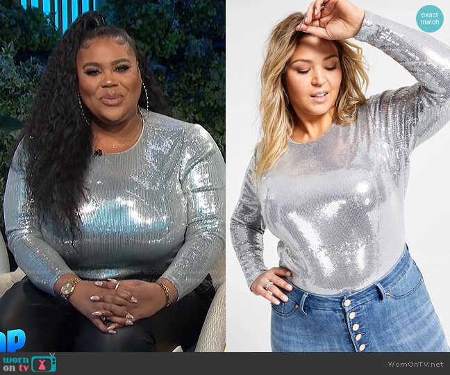 Nina Parker Trendy Plus Size Long-Sleeved Sequin Bodysuit worn by Nina Parker on E! News