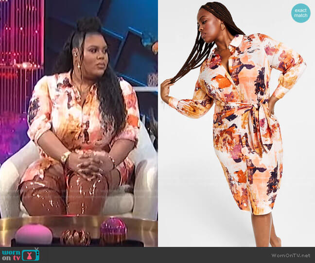 Nina Parker Trendy Plus Size Printed Satin Tie-Front Shirtdress worn by Nina Parker on E! News