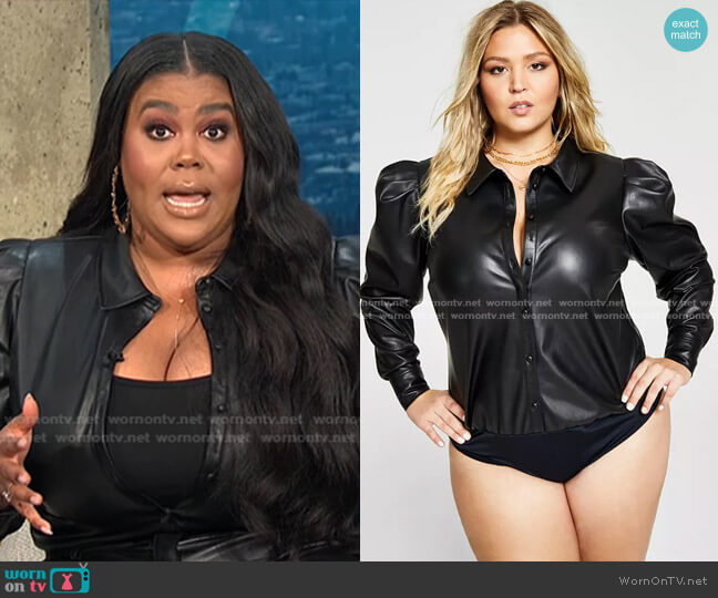 Nina Parker Trendy Plus Size Puff-Sleeve Pleather Bodysuit worn by Nina Parker on E! News