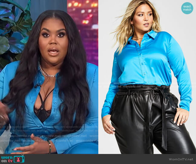 Nina Parker Trendy Plus Size Satin Blouse Bodysuit in Blue Jewel worn by Nina Parker on E! News