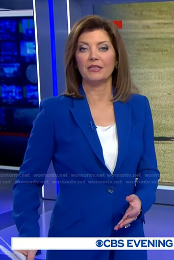 Norah’s blue blazer and pant suit on CBS Evening News