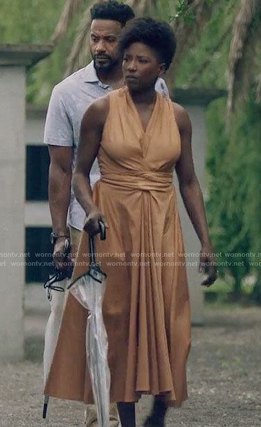 Nova’s camel v-neck midi dress on Queen Sugar