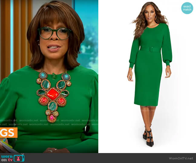 New York & Company Belted Sweater Dress in Warrior Green worn by Gayle King on CBS Mornings