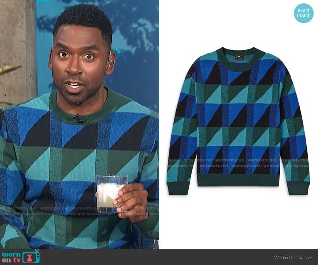 PS Paul Smith Geometric Regular Fit Sweater worn by Justin Sylvester on E! News