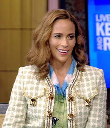 Paula Patton’s cow print blouse and tweed jacket on Live with Kelly and Ryan
