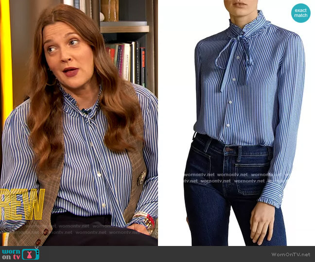 Polo Ralph Lauren Ruffled Striped Silk Blouse worn by Drew Barrymore on The Drew Barrymore Show