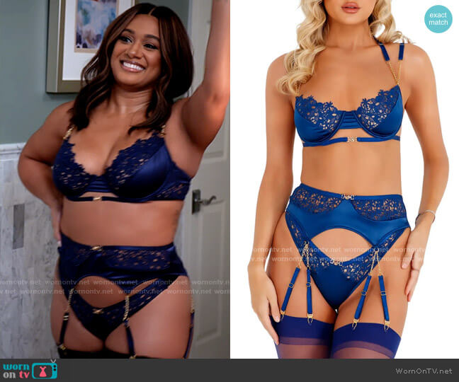 Roma Confidential Embroidered Lace Underwire Bra, Garter Belt & Thong Set worn by Fatima (Crystal Hayslett) on Tyler Perrys Sistas
