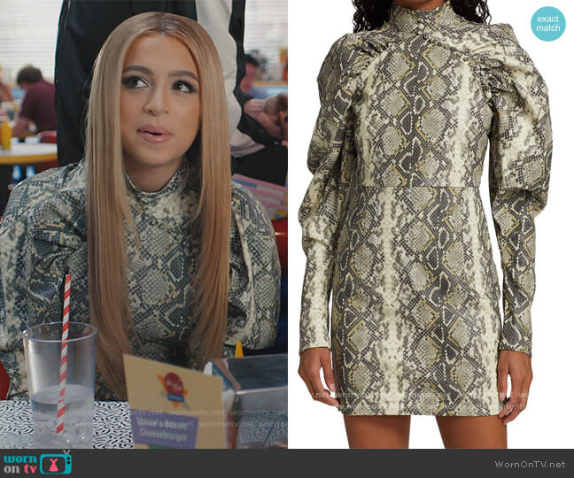 Rotate Birger Christensen Kim Snake Print Long Puff-Sleeve Mini Dress worn by Lexi (Josie Totah) on Saved By The Bell