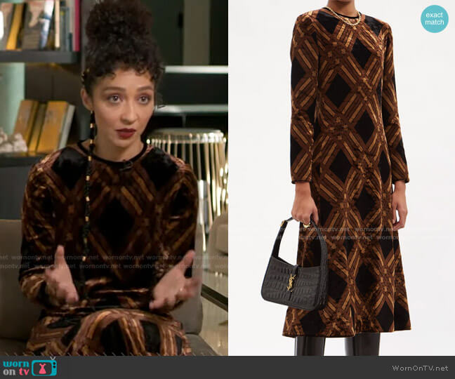 Saint Laurent Check-Jacquard Velvet Midi Dress