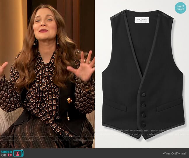Saint Laurent Cropped grain de poudre wool and silk-satin vest worn by Drew Barrymore on The Drew Barrymore Show