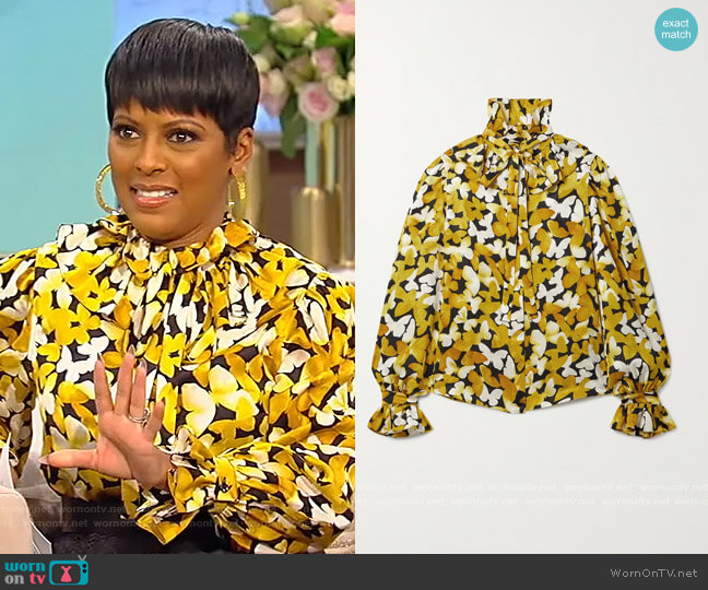 Saint Laurent Pussy-bow ruffled silk-satin jacquard blouse worn by Tamron Hall on Tamron Hall Show