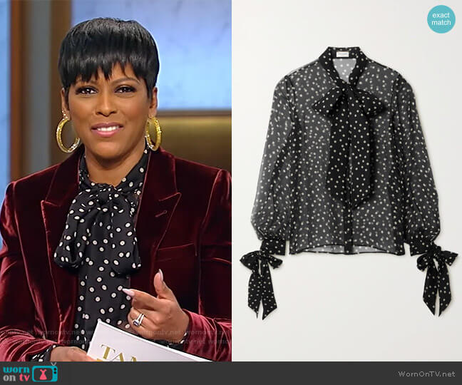 Saint Laurent Tie-detailed polka-dot silk-chiffon shirt worn by Tamron Hall on Tamron Hall Show