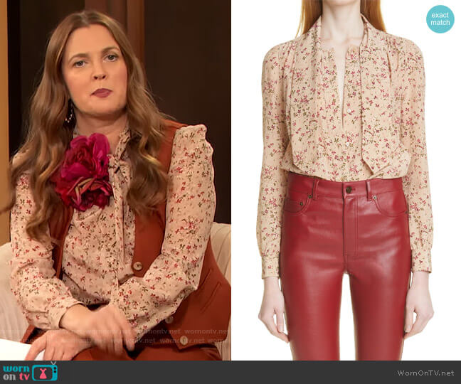 Saint Laurent Floral Print Tie Neck Silk Blouse worn by Drew Barrymore on The Drew Barrymore Show