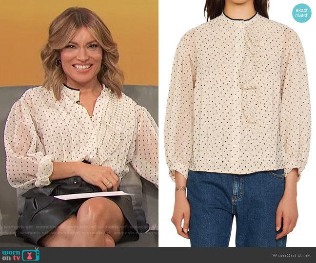 Sandro Noelle Jabot Detail Swiss Dot Blouse worn by Kit Hoover on Access Hollywood