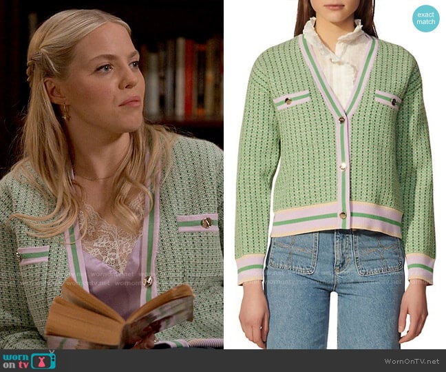 Sandro Brandy Tweed Cardigan worn by Leighton Murray (Reneé Rapp) on The Sex Lives of College Girls