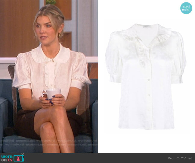 Sandro Ruffle-detail floral blouse worn by Amanda Kloots on The Talk