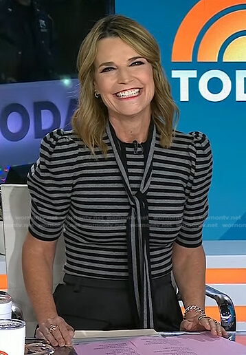 Savannah’s grey striped tie neck top on Today