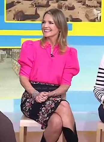 Savannah’s pink puff sleeve blouse and floral skirt on Today