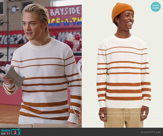 Scotch and Soda Organic cotton crew neck sweater worn by Mac Morris (Mitchell Hoog) on Saved By The Bell