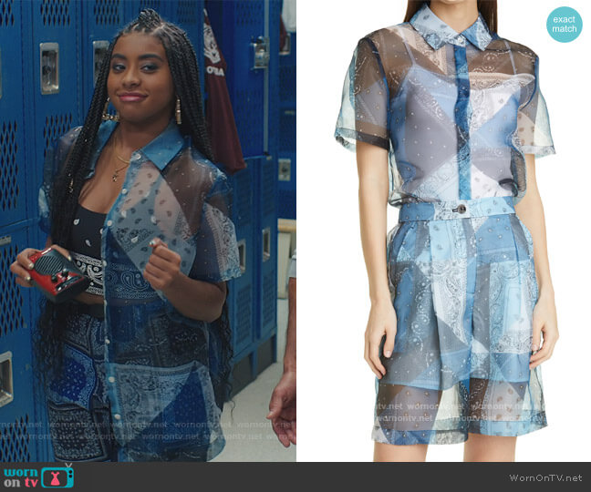 Staud Pallas Bandana Print Patchwork Short Sleeve Button-Up Shirt worn by Aisha (Alycia Pascual-Pena) on Saved By The Bell