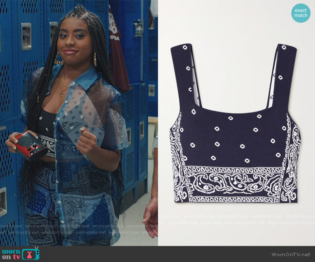 Staud Tucson Cropped Intarsia Knit Tank worn by Aisha (Alycia Pascual-Pena) on Saved By The Bell