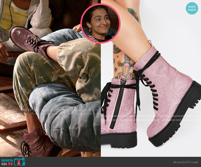 Sugar Thrillz Pink Diamond Duchess Bling Boots worn by Bela Malhotra (Amrit Kaur) on The Sex Lives of College Girls
