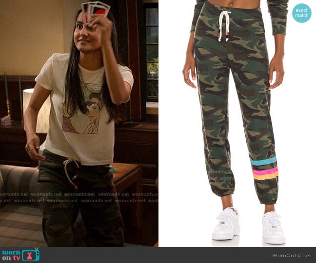 Sundry Stripes Camo Pants worn by Bela Malhotra (Amrit Kaur) on The Sex Lives of College Girls