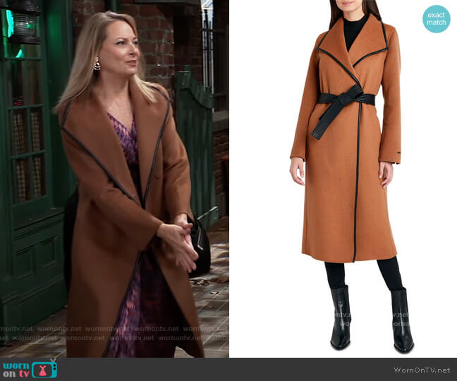 Tahari Faux-Leather-Trim Belted Wrap Coat worn by Gladys Corbin (Bonnie Burroughs) on General Hospital