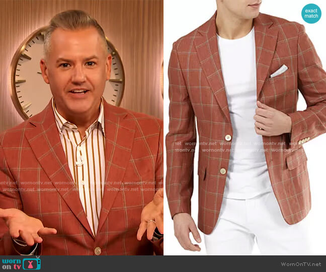Tallia Slim-Fit Burnt Orange Windowpane Linen Blazer worn by Ross Mathews on The Drew Barrymore Show