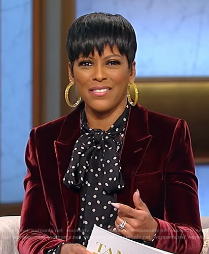 Tamron’s polka dot blouse and velvet blazer on Tamron Hall Show